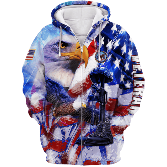 US Veteran - Eagles American Flag Unisex Zip Hoodie by Easychoo