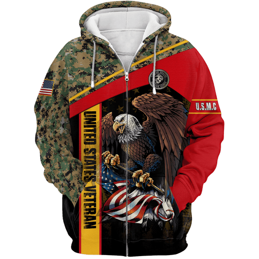 US Marine - American Bald Eagle Flag Unisex Veteran Zip Hoodie by Easychoo