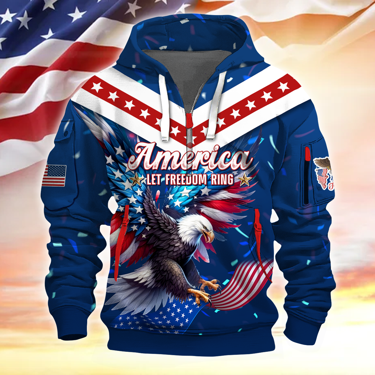 America Let Freedom Ring US Veterans - Half Zipper Hoodie by Easychoo