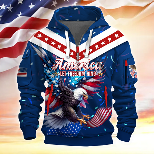 America Let Freedom Ring US Veterans - Half Zipper Hoodie by Easychoo