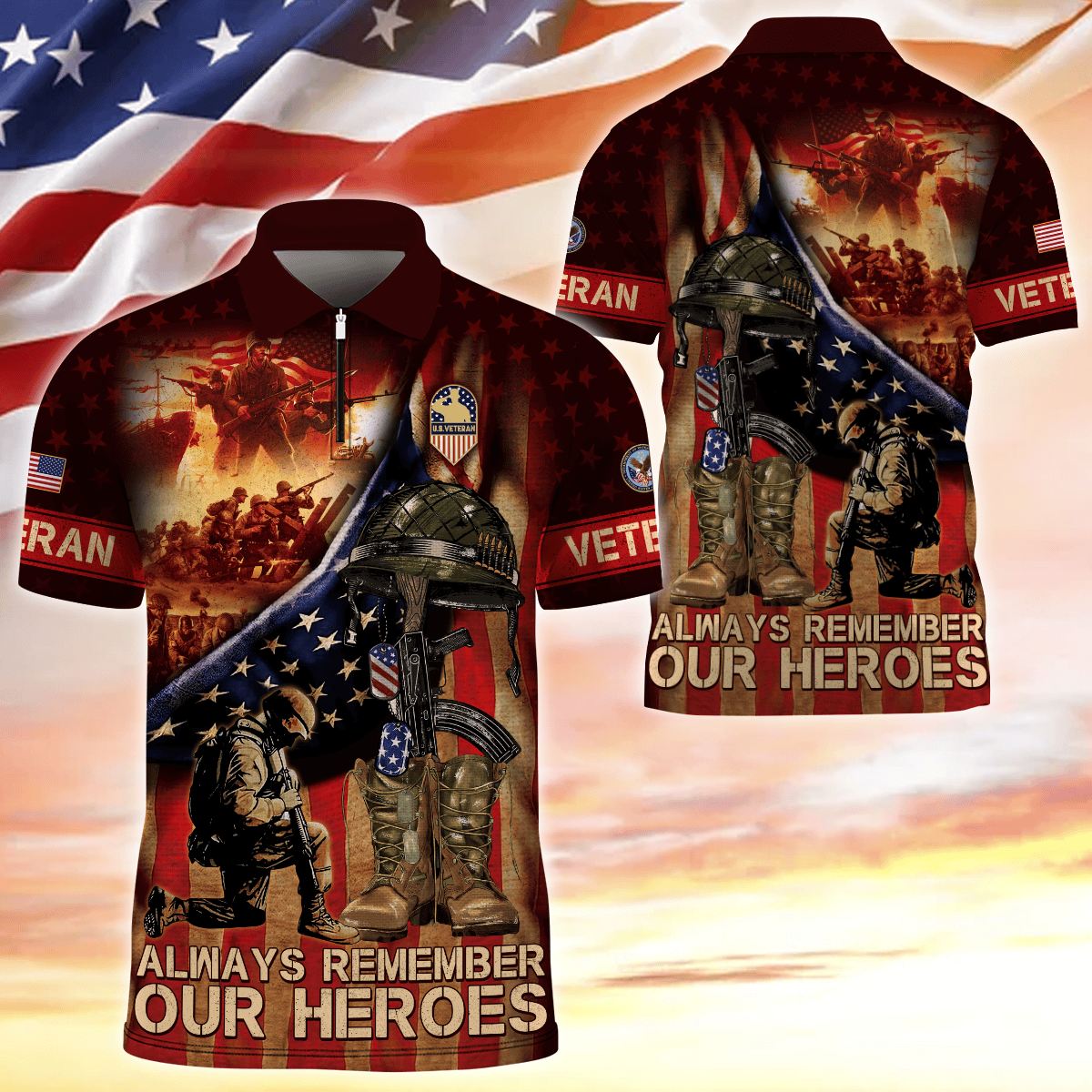 Always Remember Our Heroes - Zipper Polo Veteran Polo Shirt by Easychoo, detail view