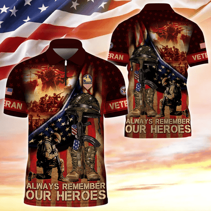 Always Remember Our Heroes - Zipper Polo Veteran Polo Shirt by Easychoo, detail view