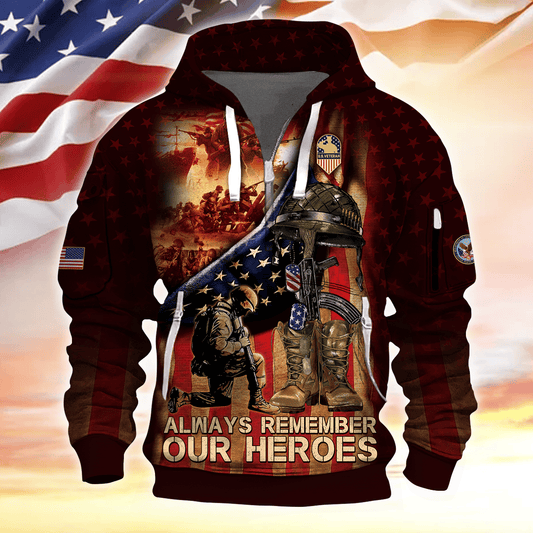 ALWAYS REMEMBER OUR HEROES - HALF ZIPPER Veteran Hoodie by Easychoo