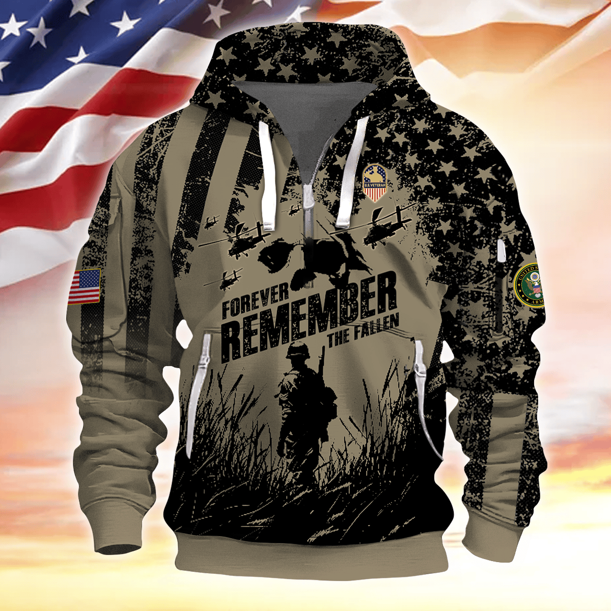 Forever Remember The Fallen - Half Zipper Veteran Hoodie by Easychoo, detail view, style BOOVET20