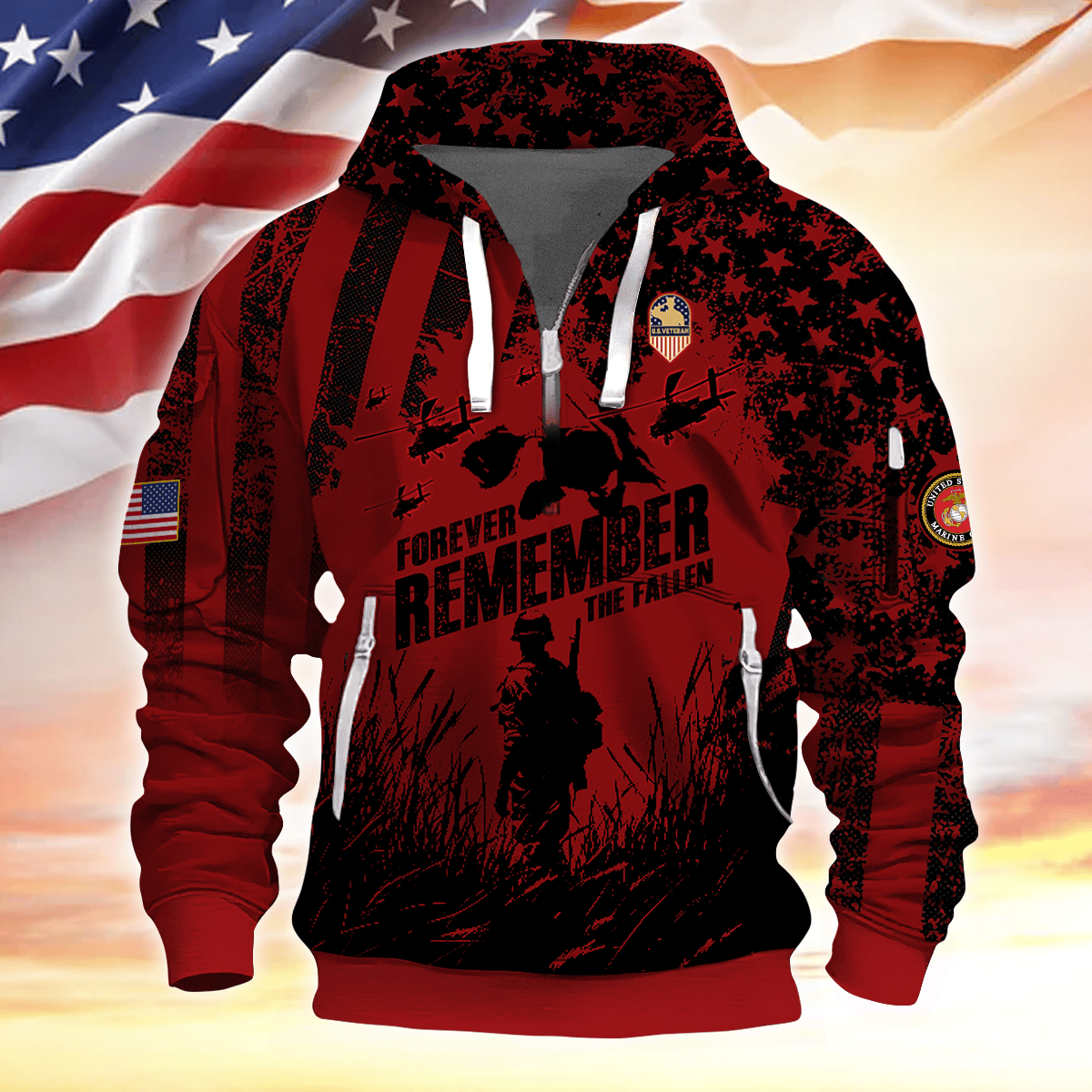 Forever Remember The Fallen - Half Zipper Veteran Hoodie by Easychoo, back view, style BOOVET20