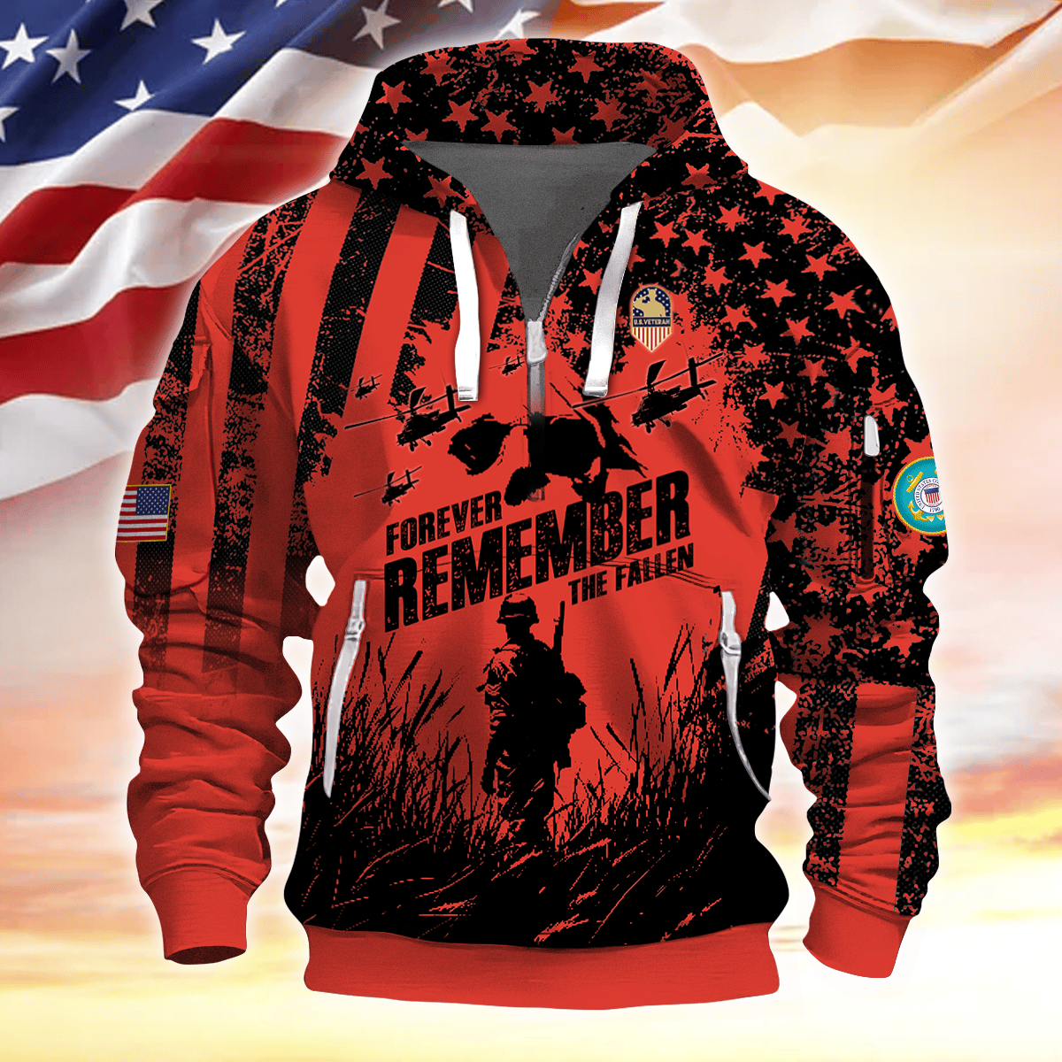 Forever Remember The Fallen - Half Zipper Veteran Hoodie by Easychoo, close-up view, style BOOVET20