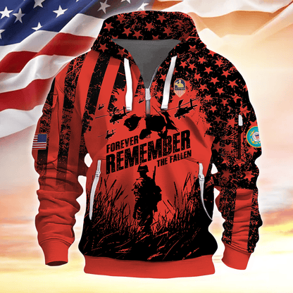 Forever Remember The Fallen - Half Zipper Veteran Hoodie by Easychoo, close-up view, style BOOVET20