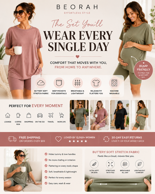 Casual 2-Piece Loungewear Set Oversized Split Hem Top & Fitted Shorts