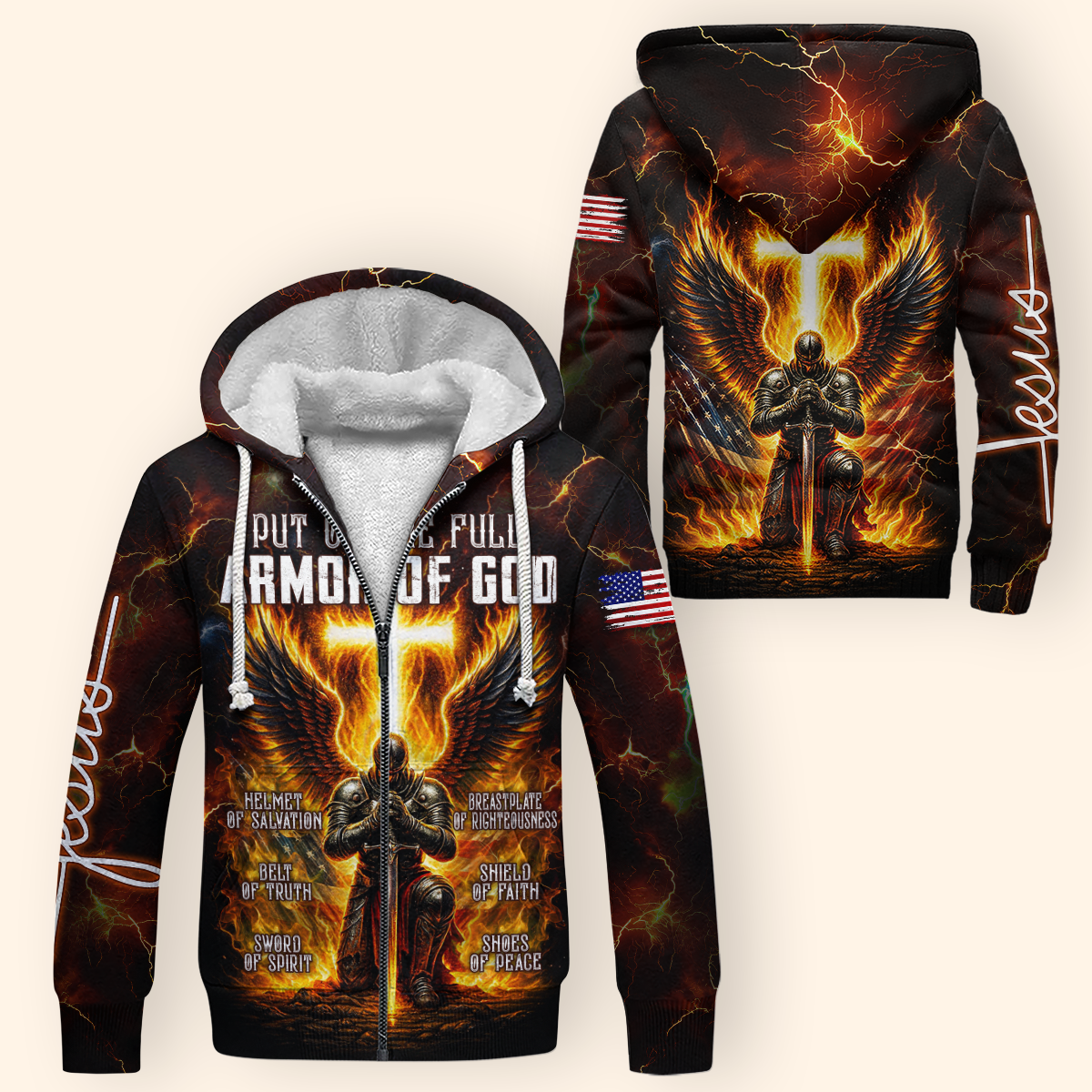 Armor of God - Christian Warrior Zip Up with Cross and Bible Verse Design Zip Hoodie by Easychoo, back view