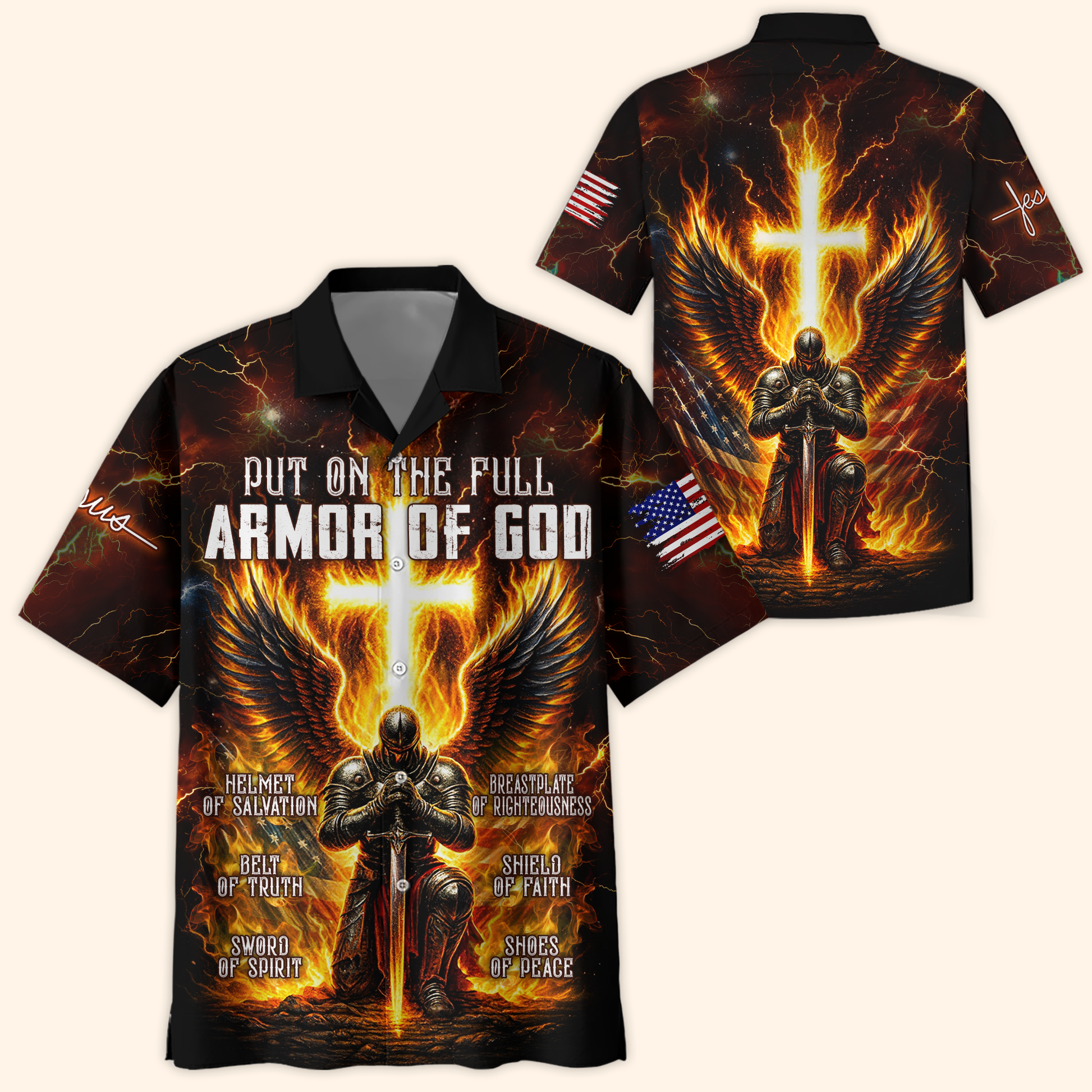 Armor of God - Christian Warrior Zip Up with Cross and Bible Verse Design Zip Hoodie by Easychoo, detail view