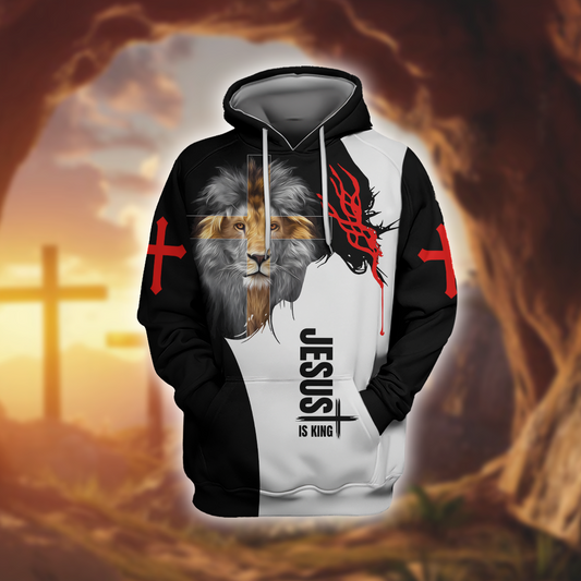 Lion of Judah Christian - Jesus Is King Cross Faith Pullover Zip Hoodie by Easychoo