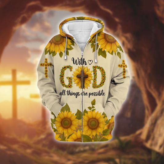 With God All Things Are Possible Sunflower Christian - Faith Cross Zip Up for Believers by Easychoo