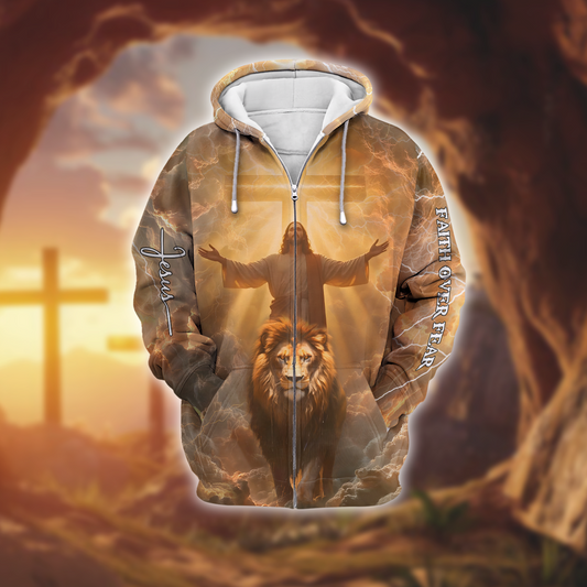 Faith Over Fear - 3D Jesus and Powerful Religious Zip Hoodie by Easychoo
