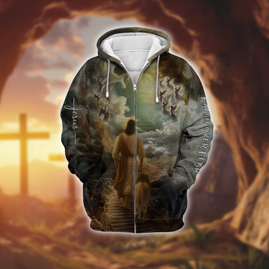 Faith Over Fear Christian - 3D Angel Cloud Religious Zip Hoodie by Easychoo
