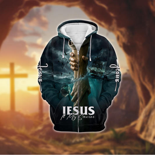 Jesus Is My Savior - Christian Faith Zip Up with Cross and Hand of God Design Zip Hoodie by Easychoo, Hand God