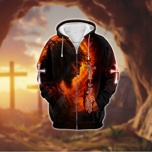 Jesus Is My Savior - Christian Faith Cross Zip Up with Crown of Thorns Design Zip Hoodie by Easychoo, Crown Thorns