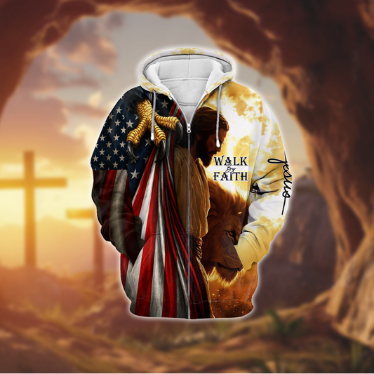 Walk by Faith - Jesus with American Flag and Lion - Christian Patriotic Zip Up Jacket by Easychoo