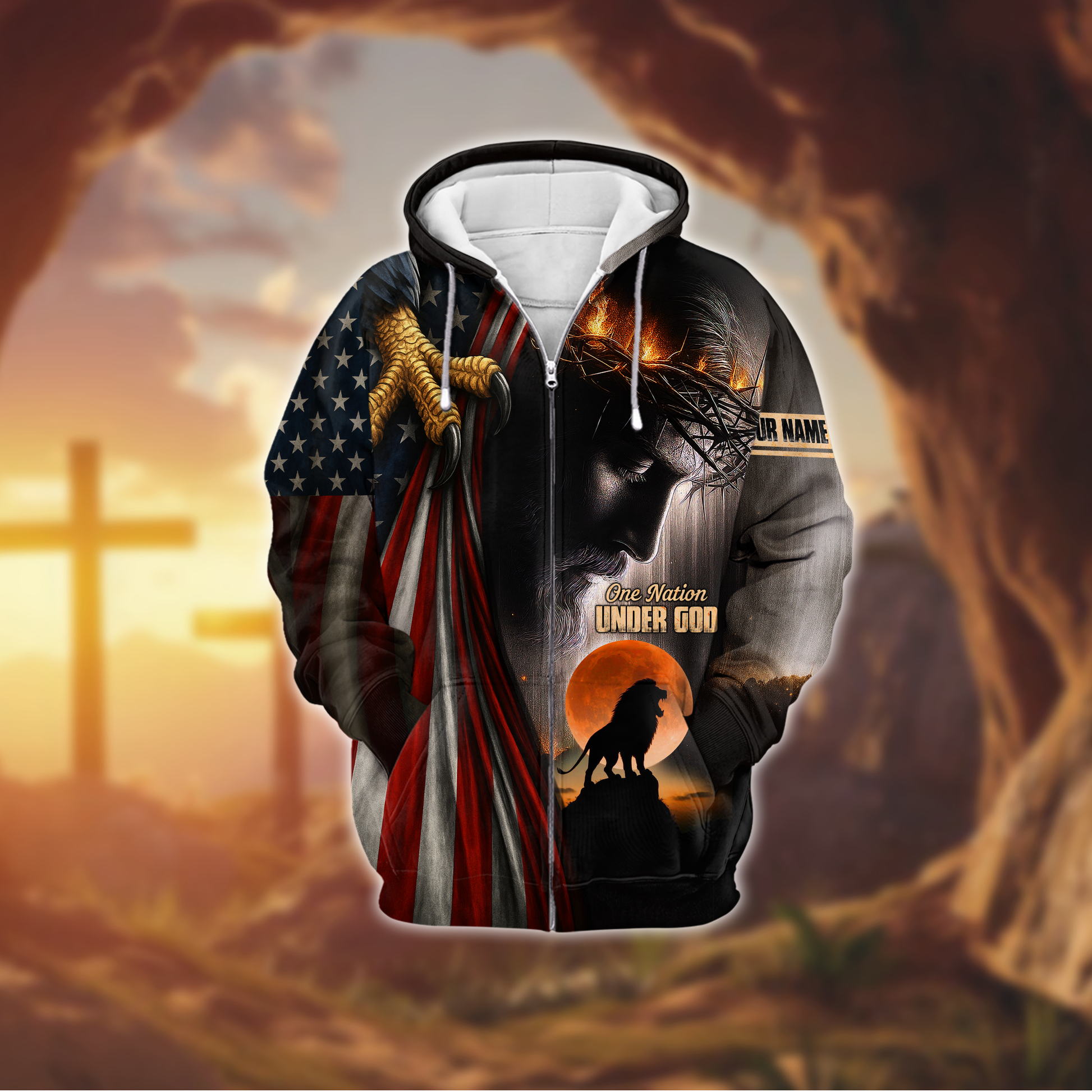 One Nation Under God Christian - American Flag Eagle Cross Zip Up - Patriotic Faith in Jesus Christ by Easychoo