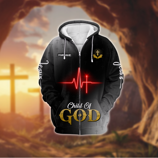 Jesus Heartbeat - Child of God Christian Zip Up Jacket with Cross Design Zip Hoodie by Easychoo