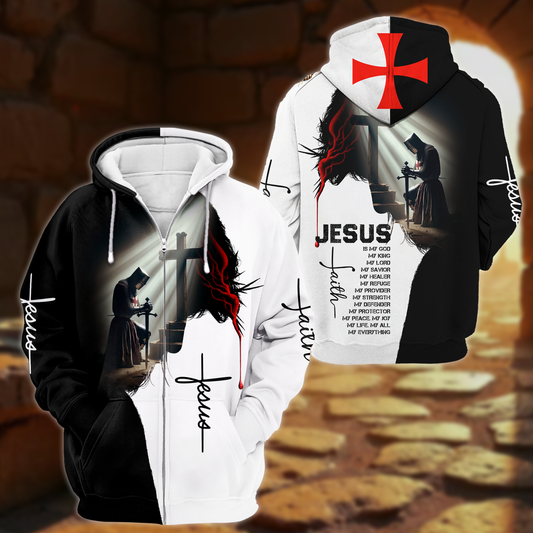 Jesus Christian - Knight Prayer Cross Faith Zip Up with Bible Verse Design Zip Hoodie by Easychoo