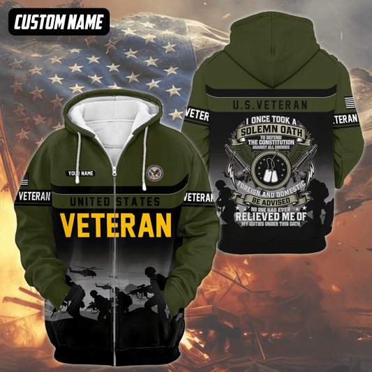 U.S. Veteran - Solemn Oath Military Zip Up Jacket Hoodie by Easychoo