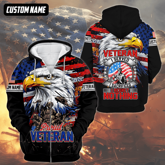 Proud Veteran - American Eagle U.S. Flag Patriotic Zip Up Hoodie by Easychoo