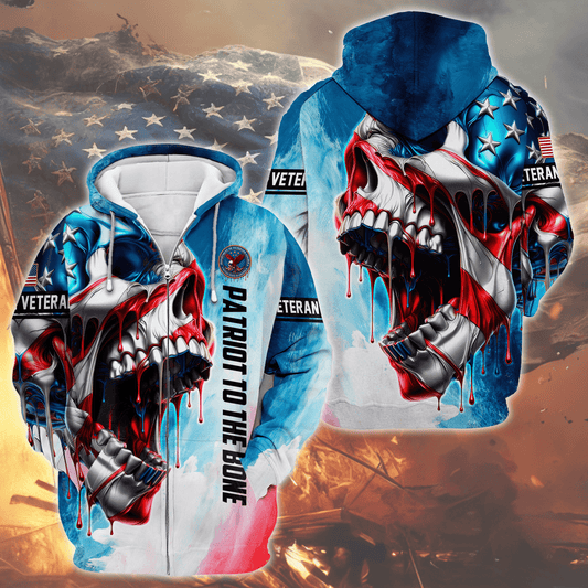 U.S. Veteran - Patriotic Skull American Flag Zip Up Hoodie by Easychoo