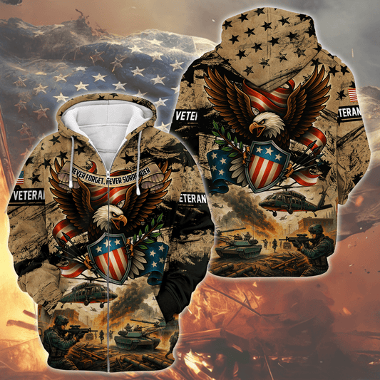 U.S. Veteran - Never Forget Never Surrender Eagle Military Zip Up Hoodie by Easychoo