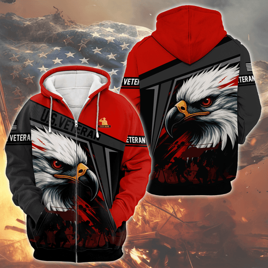 U.S. Veteran - Bold Eagle Head Red & Black Patriotic Zip Up Hoodie by Easychoo