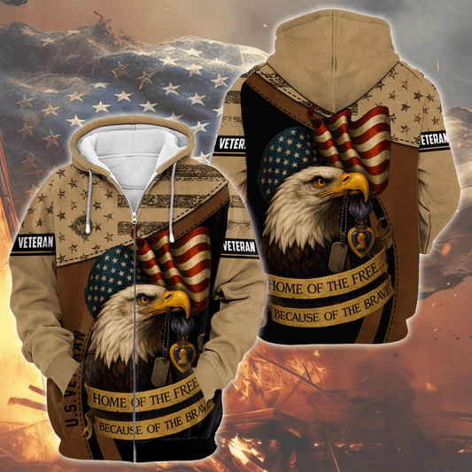 U.S. Veteran - Patriotic Eagle Flag Military Pride Zip Up Hoodie by Easychoo