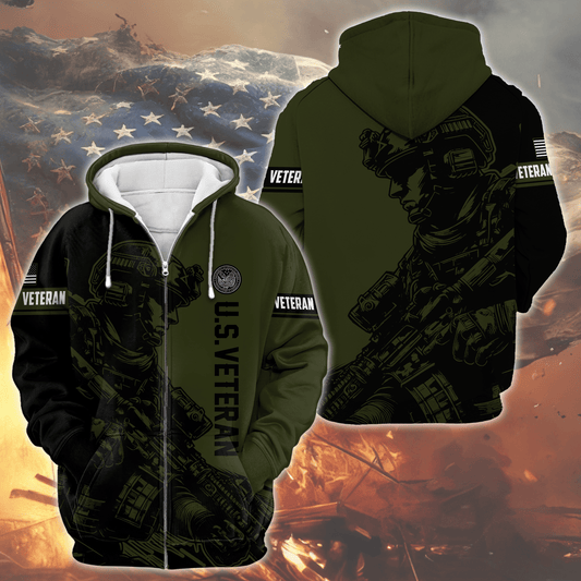 U.S. Veteran - Tactical Soldier Military Pride Zip Up Hoodie by Easychoo