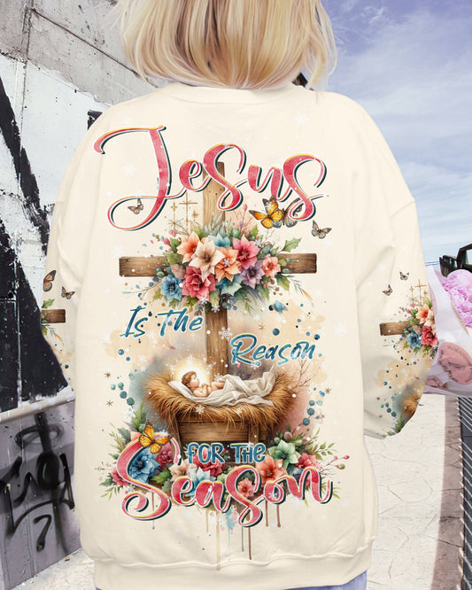 Jesus The Reason Floral Christmas Women's All-Over Print Y-Back Pink Yellow T-shirt by Easychoo