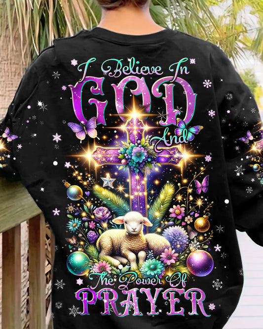 I Believe In God Lamb Christmas Women's All-Over Print Y-Back Black Purple T-shirt by Easychoo