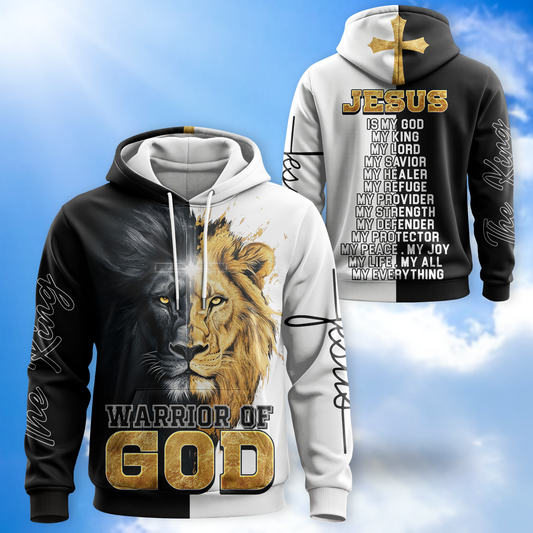 Christian Faith - Warrior of God Zip Up with Lion of Judah and Cross Design Zip Hoodie by Easychoo