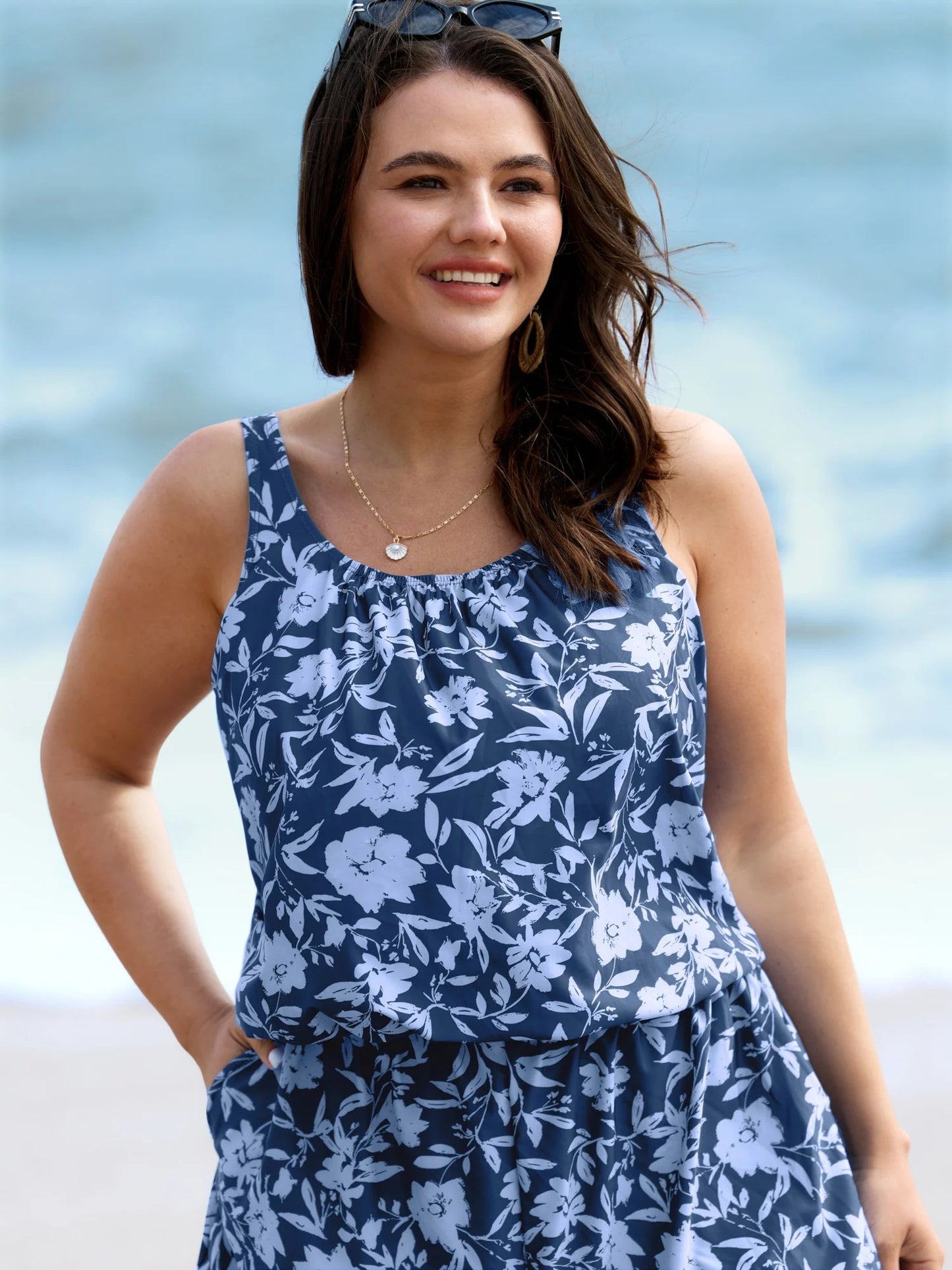 Tropical Flower Print Pockets One-Piece Swimsuit