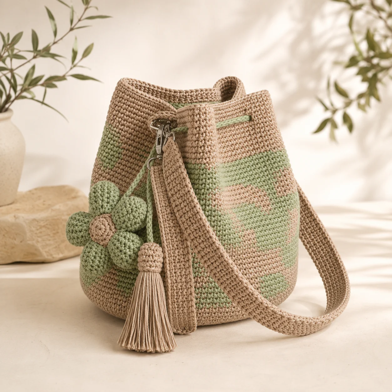 Flower Bag - Handmade Boho Bucket Bag for Women