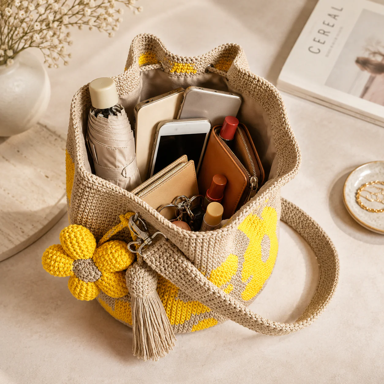 Flower Bag - Handmade Boho Bucket Bag for Women