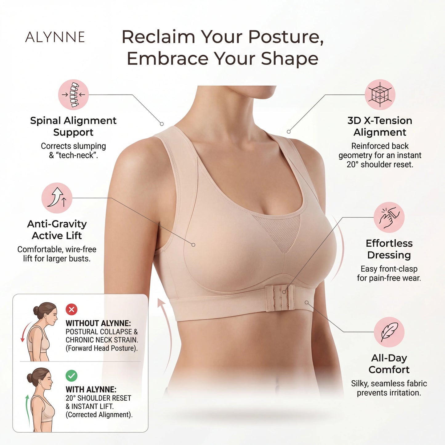 Cross Back Front Closure Wireless Posture Support Bra