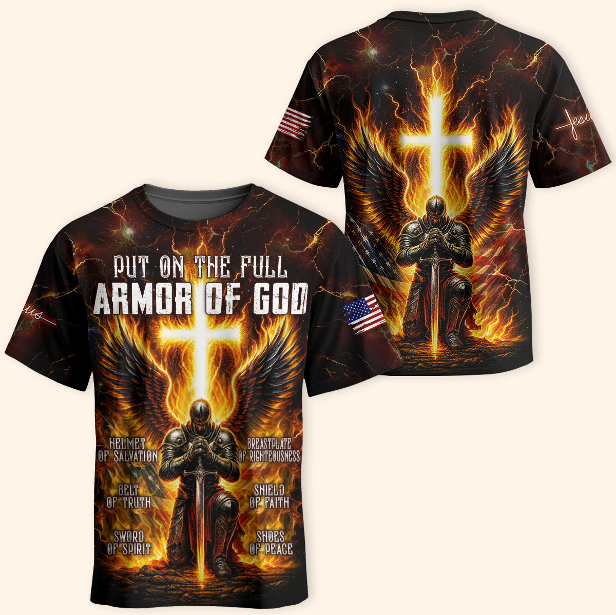 Armor of God - Christian Warrior Zip Up with Cross and Bible Verse Design Zip Hoodie by Easychoo, close-up view
