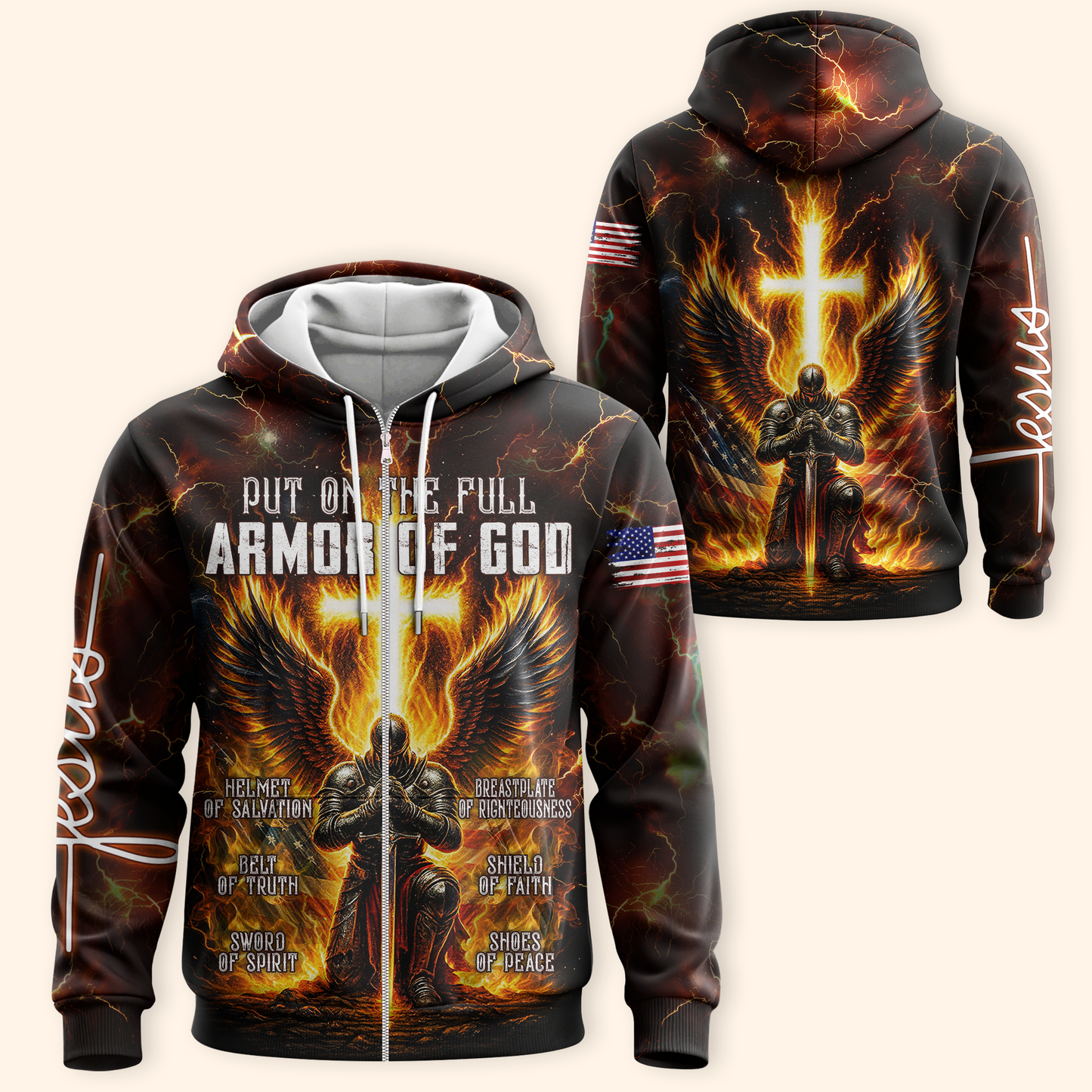 Armor of God - Christian Warrior Zip Up with Cross and Bible Verse Design Zip Hoodie by Easychoo, alternate view